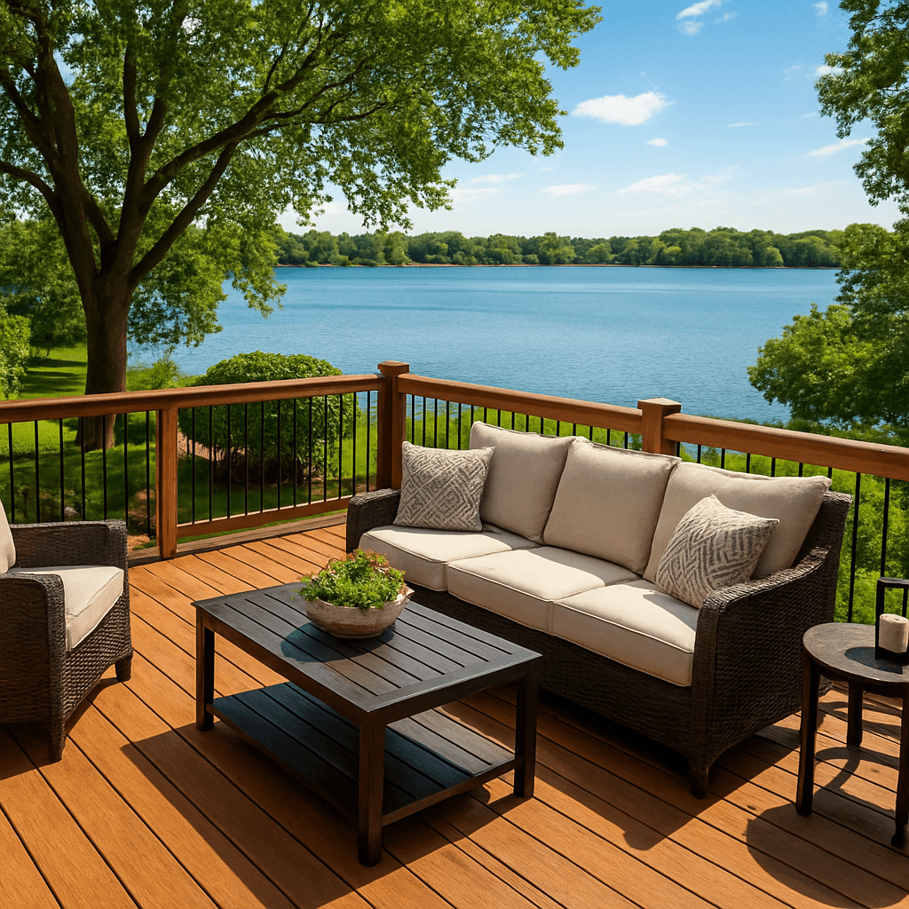 Beautiful restored deck overlooking Maple Lake with professional outdoor living space